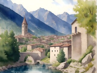 Encamp Andorra Country Landscape Illustration Art