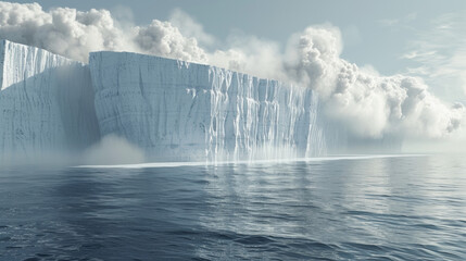 Realistic depiction of a glacier melting rapidly in a minimalistic setting, representing the effects of global warming