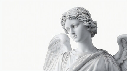 Striking Greek Sculpture: A Radiant White Angel Statue Against a Serene White Background