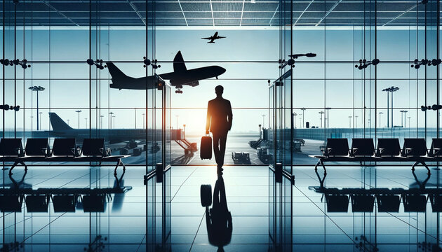 male passenger waiting his fly, carrying a suitcase at airport