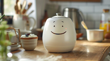 A charming yogurt maker with a happy face, fermenting creamy yogurt for breakfast enjoyment.