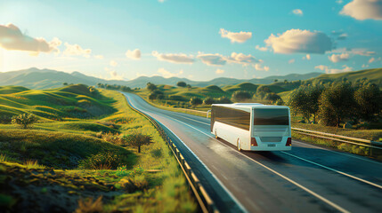 A Serene Highway Journey: Captivating Panorama of a White Travel Bus on a Picturesque Route, Highlighting the Tranquility and Vivid Detail
