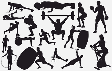 Vector silhouettes collection of active people doing fitness exercises. Fitness people and gym silhouette. 