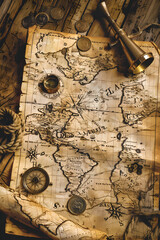 Fototapeta na wymiar Guided by the Ancient Cartography: A Treasure Hunter's Essential Toolkit