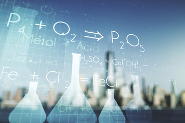 Abstract virtual creative chemistry hologram on blurry skyline background. Multiexposure