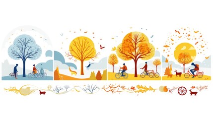 Seasonal wellness cartoon illustration - Generative AI. People, nature, season, change.