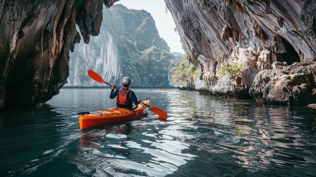 A solo adventurer kayaking through the limestone cliffs of Ha Long Bay