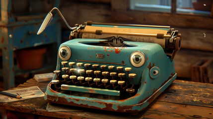 A charming vintage typewriter with a cheerful face, ready to type out whimsical stories.