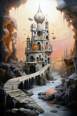 Fantasy world with surrealistic environment with fairy-tale castle.