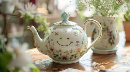 A charming vintage teapot with a smiling face, surrounded by delicate floral patterns.