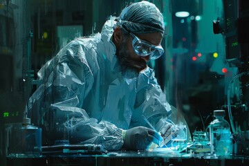 A man in a protective suit and goggles works in a dark laboratory - Powered by Adobe