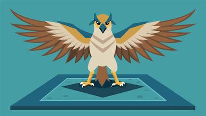 A majestic bird of prey confidently spreads its wings on the training mat responding to stimuli and commands to condition its hunting instincts.. Vector illustration