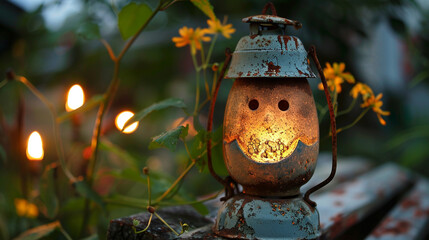 A charming vintage lantern with a cheerful face, casting a warm glow in the evening.