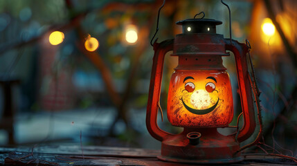 A charming vintage lantern with a cheerful face, casting a warm glow in the evening.