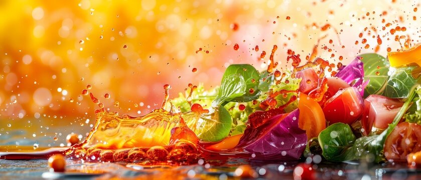 Produce a cookbook cover featuring a colorful splash of vinaigrette over a crisp, fresh vegetable salad, capturing the essence of healthy eating