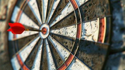Naklejka premium Close-up view of a dart hitting the bullseye on a textured dartboard, depicted with vivid detail.