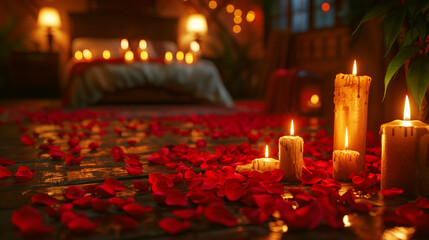 Romantic bedroom scene with scattered rose petals and lit candles, creating a cozy, intimate atmosphere.