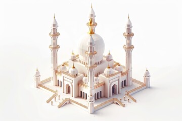 White bone and gold 3D isometric mini mosque elegant design on white background