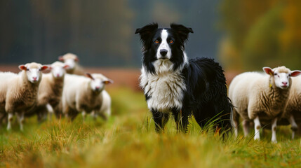 A black and white Border Collie standing alert in a field, with a group of sheep in the background.