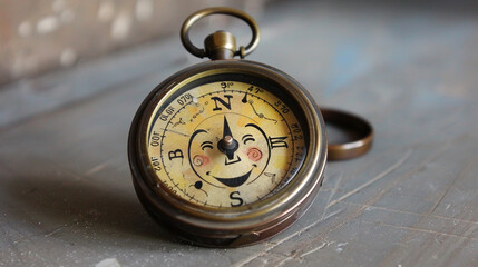 A charming vintage compass with a cheerful face, guiding you on your whimsical journey.