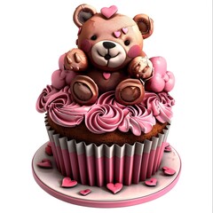 Cute cupcake for kids with copy space Happy Birthday dessert Children's party Empty space for text Postcard greeting card design Muffin with teddy bear Generative AI
