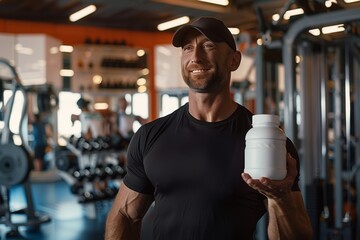diverse sporty fit muscly guy in the gym holding white jar of protein food supplement