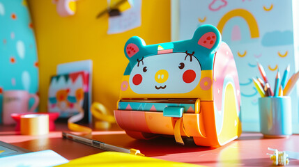 A charming tape dispenser with colorful prints and a cute face, sticking tape onto documents with whimsical style.