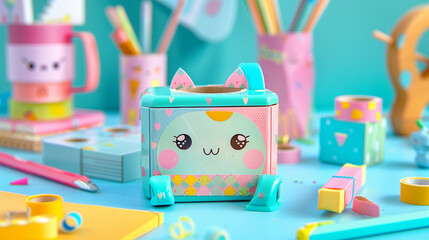 A charming tape dispenser with colorful prints and a cute face, sticking tape onto documents with whimsical style.