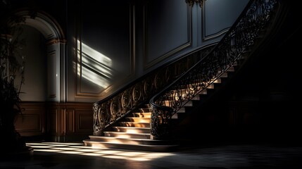 3D rendering of an illuminated staircase in a dark room with lights