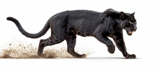 Agile black panther races on white background, kicking up debris and water droplets