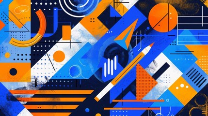 Create a geometric abstract painting using the colors blue, orange, and white