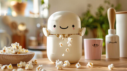 A charming popcorn popper with a contented face, transforming kernels into fluffy snacks.
