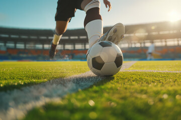 Close-up of a soccer player kicking the ball in the stadium.