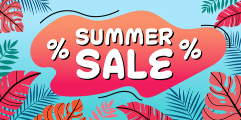 Summer sale. Summer offer. Bright banner template. Exotic concept. Vector illustration with tropical leaves on yellow background.
