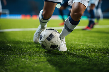 Fototapeta premium Close-up of a soccer player kicking the ball in the stadium.