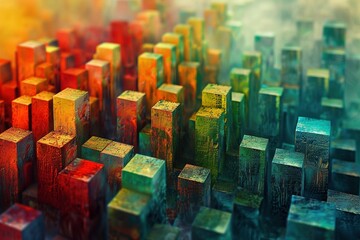 Obraz premium A vibrant abstract landscape composed of interlocking cubes in shades of green, red, and blue.