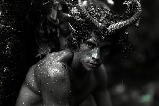Satyr, faun, mythology creatures. AI generative