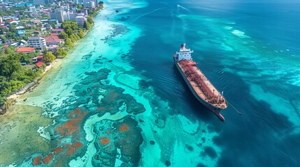 Aerial view of a large cargo ship near a tropical coastline with turquoise waters and coral reefs.