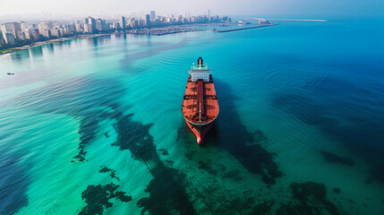 Aerial view of a large red cargo ship in turquoise waters near a coastal city skyline under a clear...