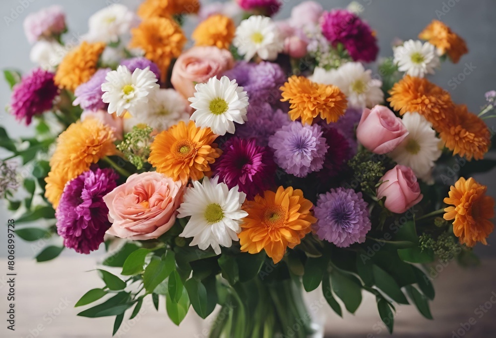 Wall mural a bouquet of flowers on top of a wooden table with a gray wall