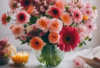 a vase full of pink, red and orange flowers sitting on a table