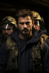 Fototapeta premium A team of male firefighter rescuers generated AI