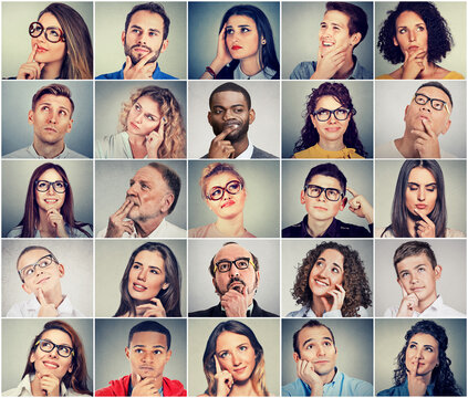 Multiethnic group of thoughtful men and woman. People's thoughts