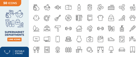 Supermarket department line editable icon set. Editable stroke. Vector illustration	