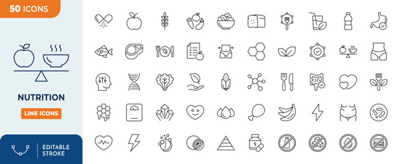Nutrition line editable icon set. Editable stroke. Vector illustration	