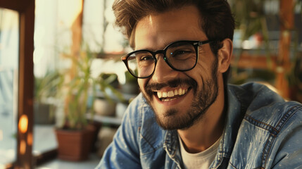 Fototapeta premium A cheerful young man with glasses smiles warmly in a sunlit room.