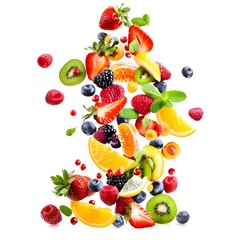 fruits and berries,Falling fruit salad isolated on white background with unique style