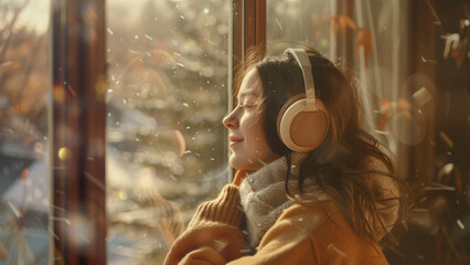 Young woman in warm sweater enjoys music on headphones, lost in reverie by the window on a snowy, sunlit winter day.