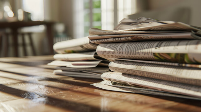 Morning light bathes a stack of newspapers on a wooden table, evoking the nostalgia of a slow-paced, contemplative start to the day.
