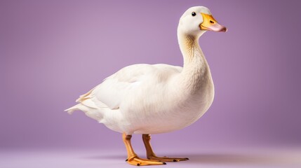 A majestic white duck elegantly standing on a vivid purple background
